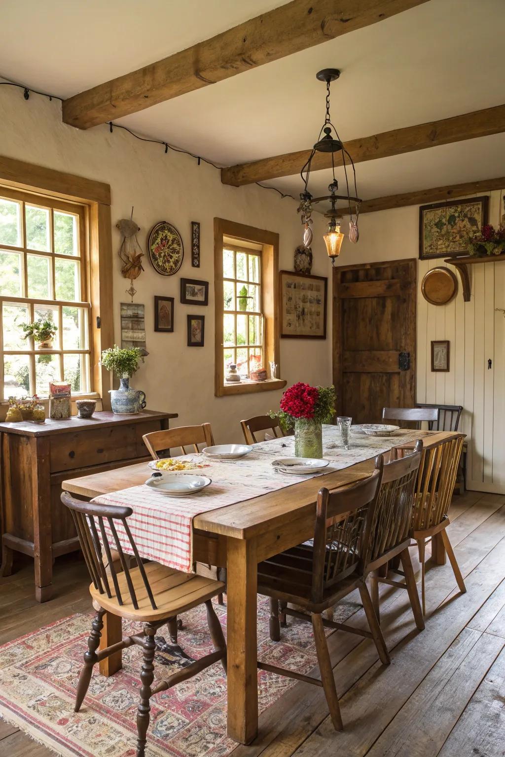 Unmatched seats contribute a snug and diverse ambiance to this farmhouse dining space.