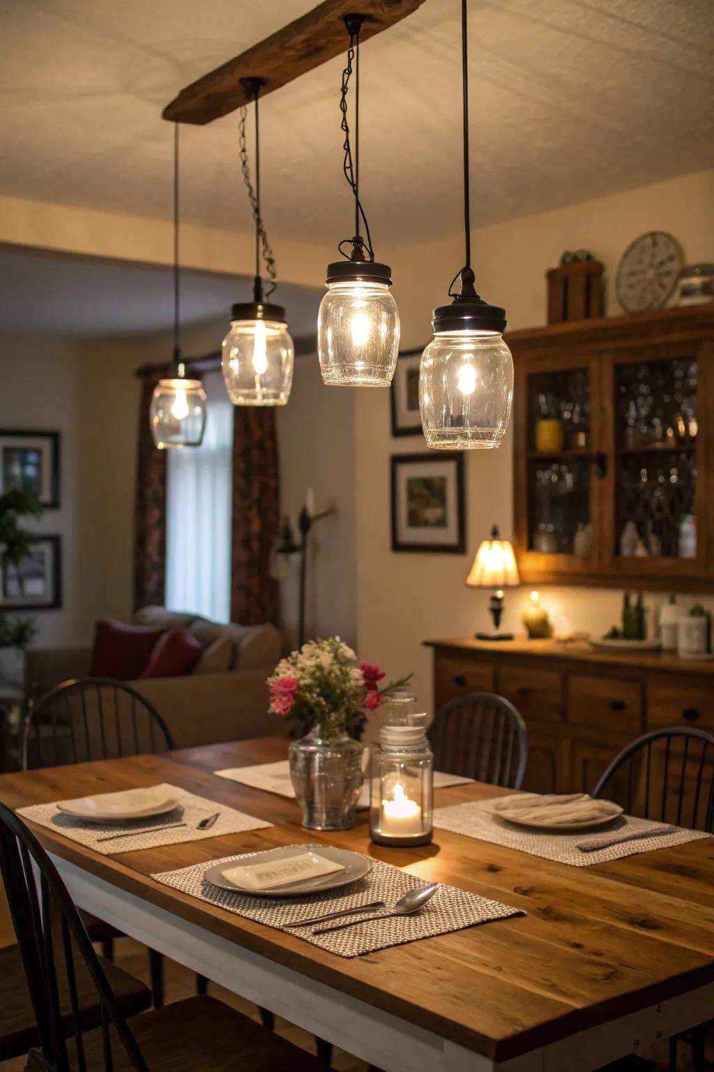 Canning jar lamps introduce a fun and country-style charm to your dining space.
