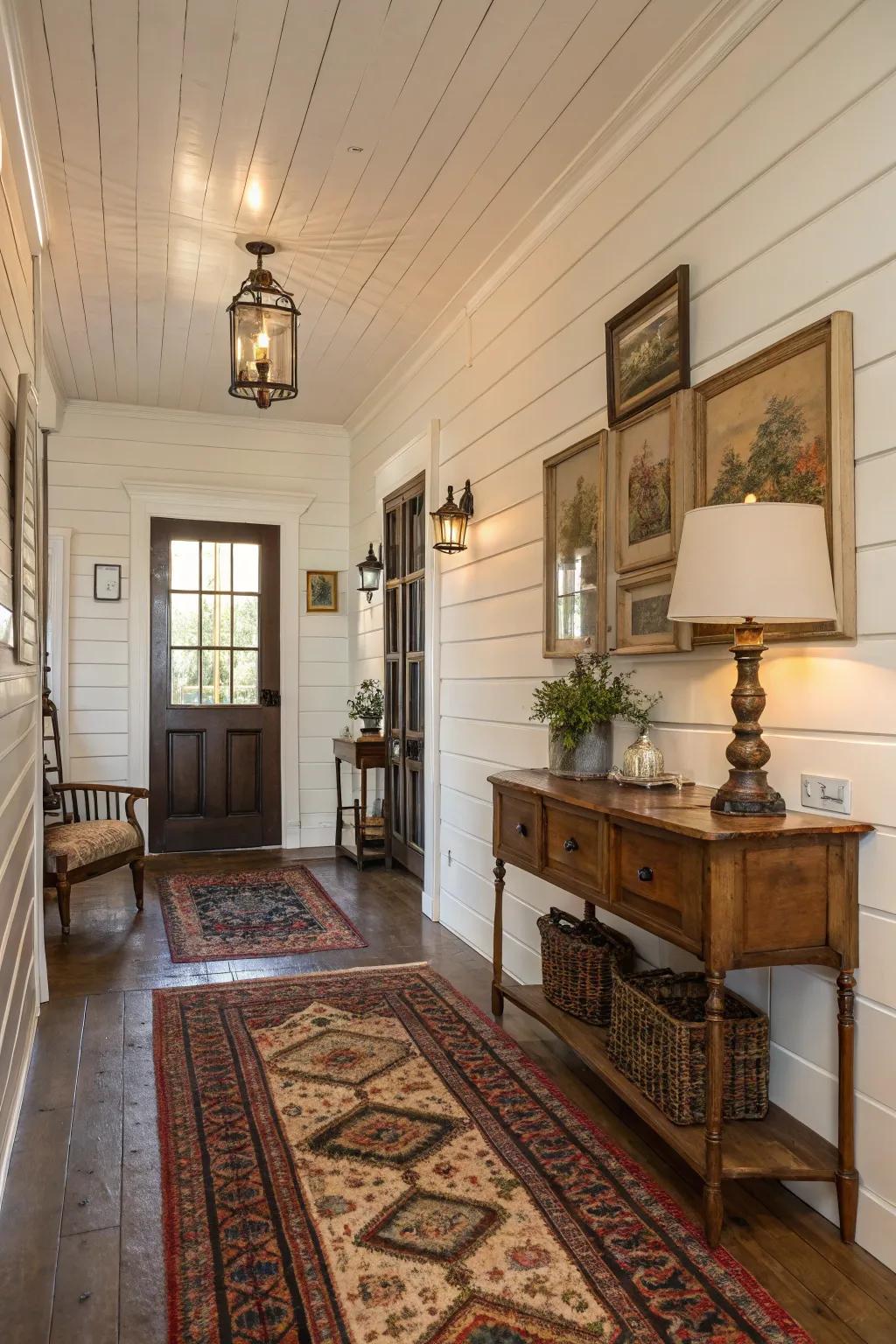 A farmhouse entryway presenting sophisticated plank walls for a traditional appearance.