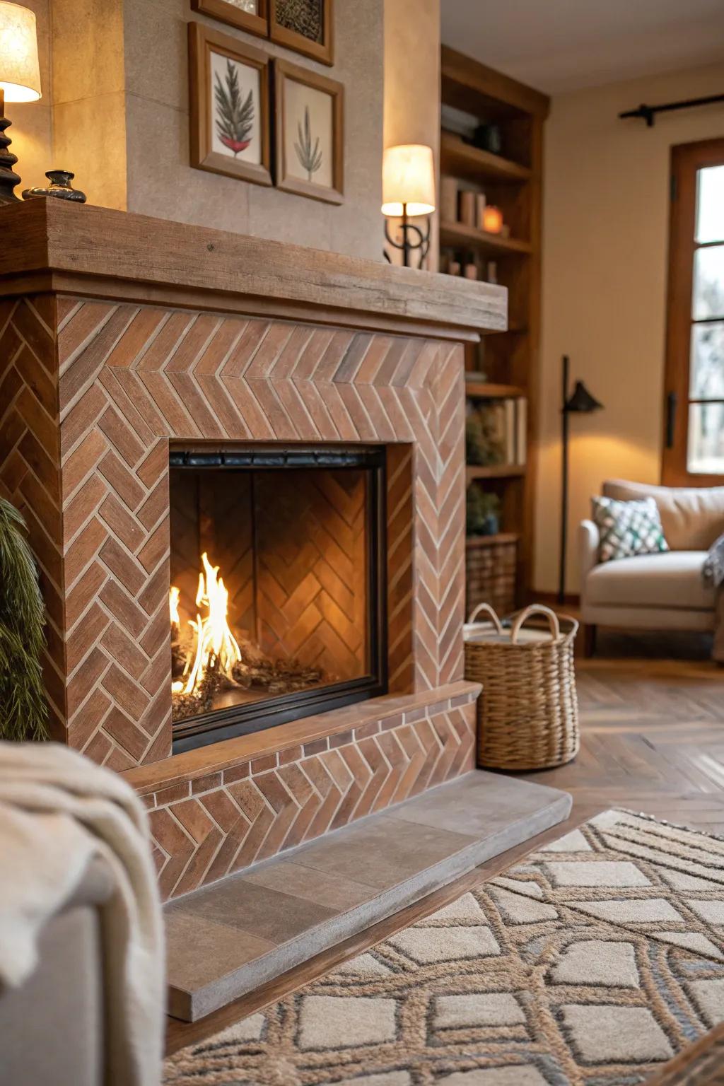An elegant chevron tile layout enhances this farmhouse fireplace.