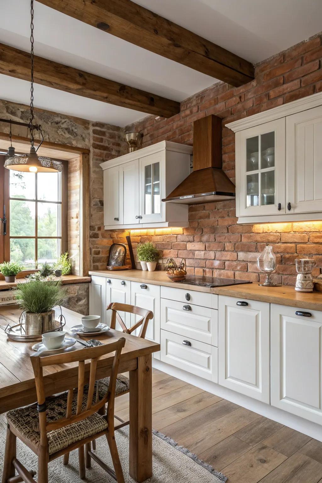A weathered stone covering infuses warmth and contrast against white cabinets in this inviting kitchen.