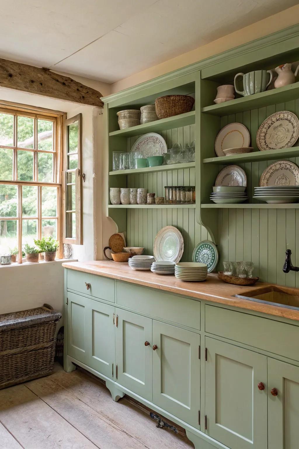 Soft green establishes a peaceful, welcoming atmosphere in the kitchen.