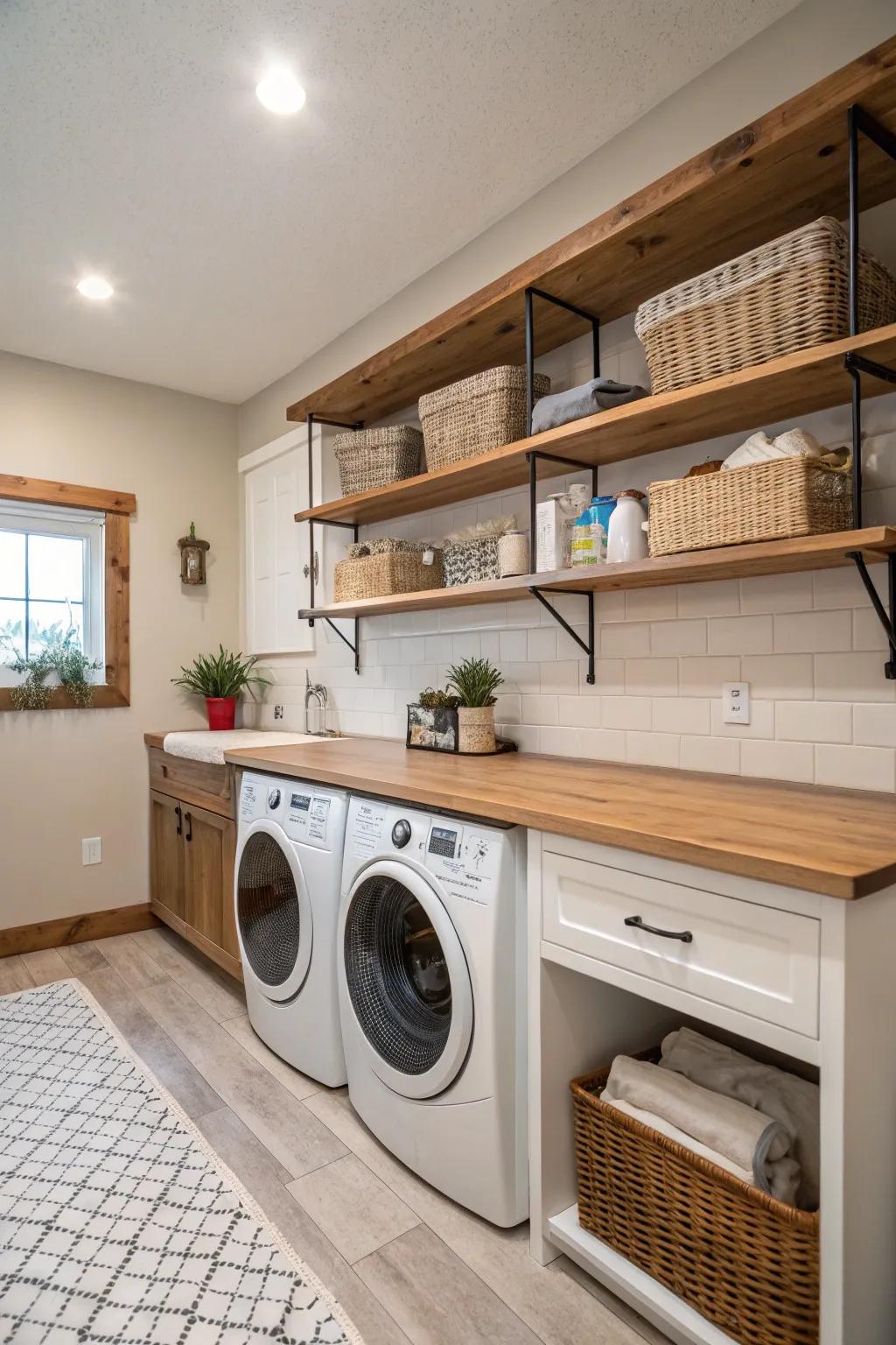 Inviting wooden details bring both charm and practicality to this farmhouse-inspired laundry room.