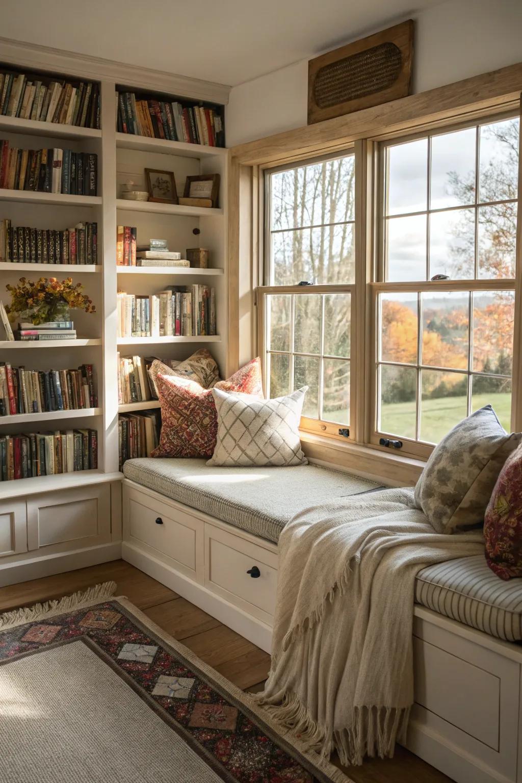 A window alcove encourages relaxation and provides a sunny reading spot.