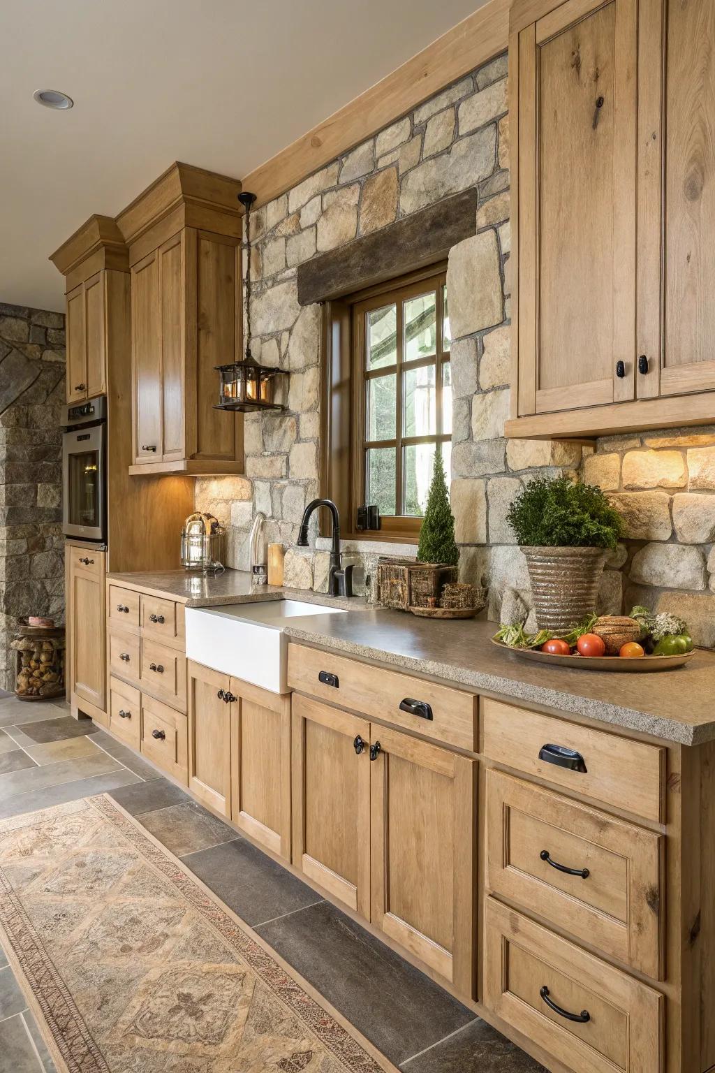 A harmonious mix of pale timber fittings and rock aspects in a country-style cooking area.
