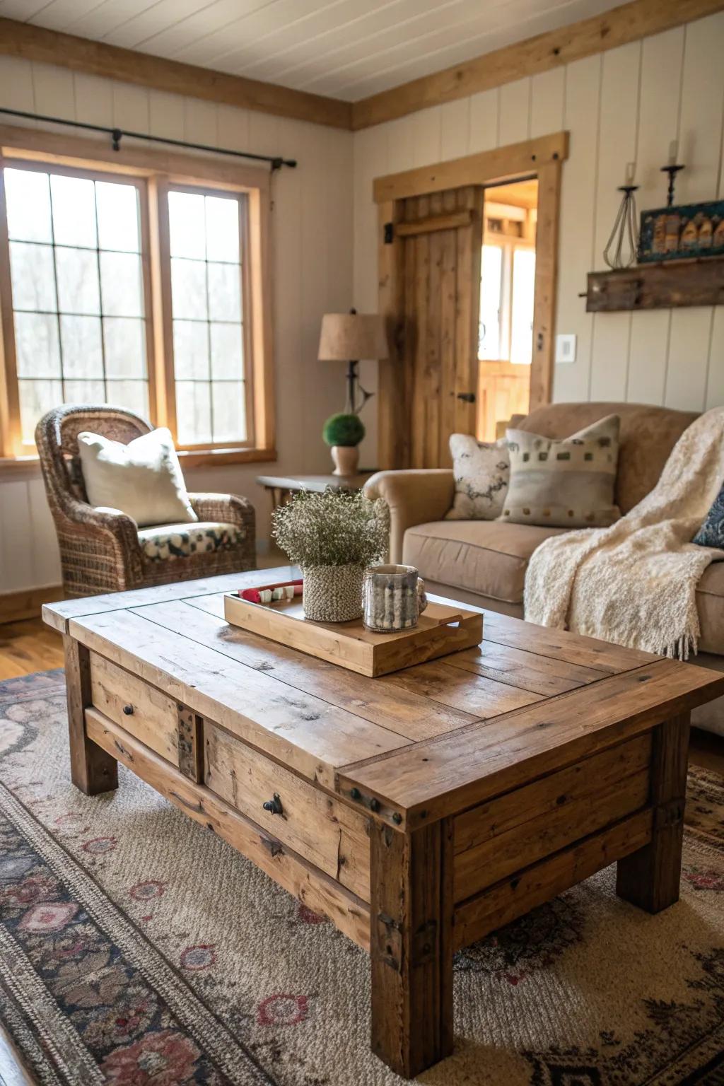 Wooden details introduce warmth and rustic charm to your living room.