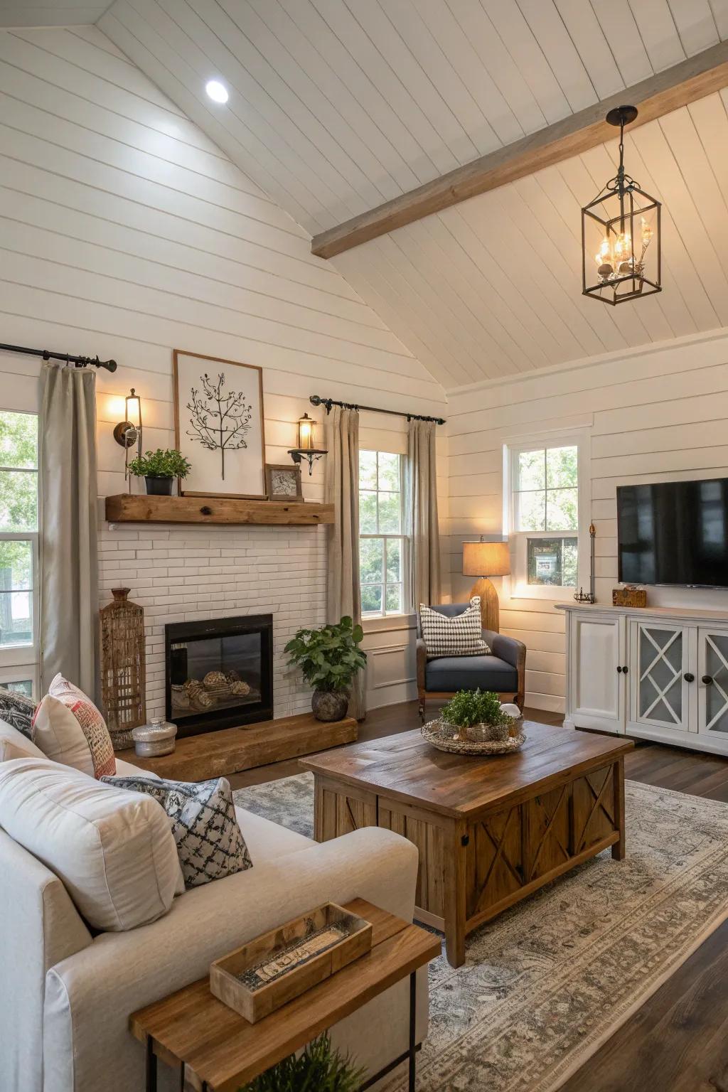 Panelled walls fashion a delightful and textured backdrop in this family room.
