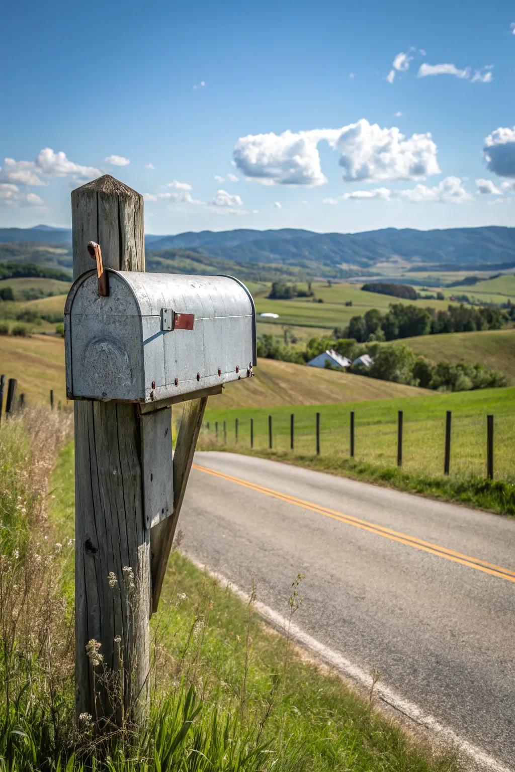 A zinc-coated metal mailbox adds industrial flair to a pastoral scene.