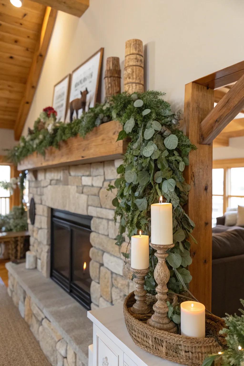Eucalyptus garland provides a revitalizing, natural element to the farmhouse mantel.