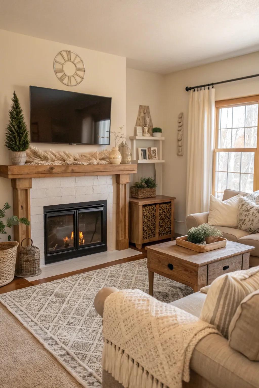 A peaceful farmhouse mantel showcasing a subtle color palette, complete with a TV mounted above.