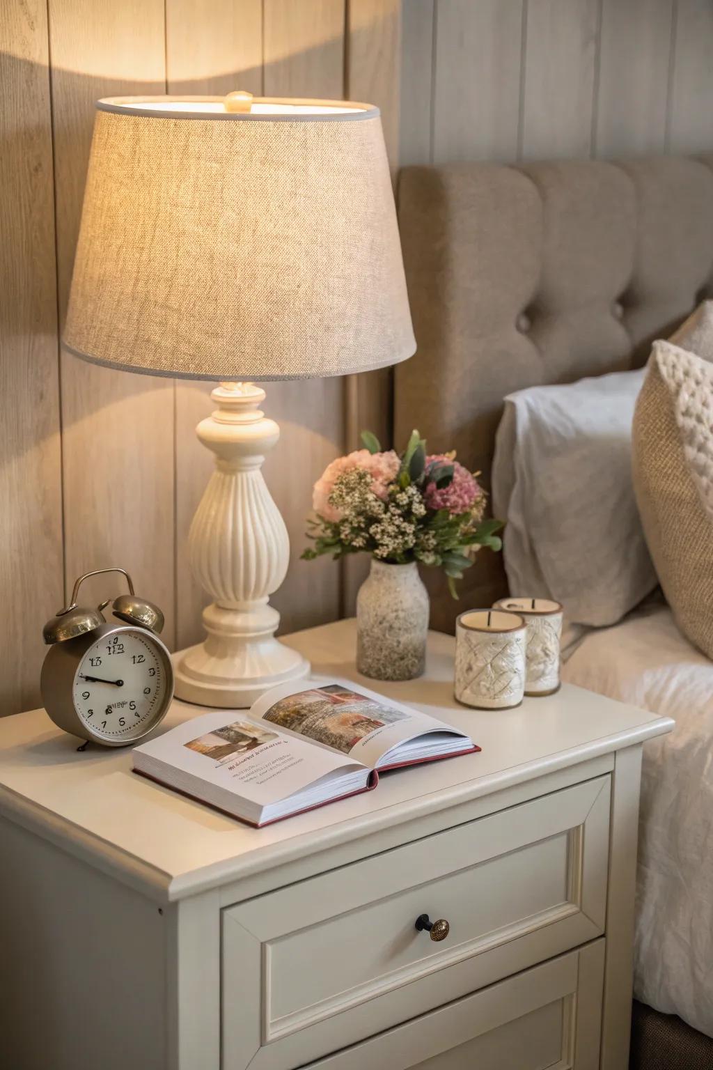 Neutral shades contribute to a calming farmhouse appeal.