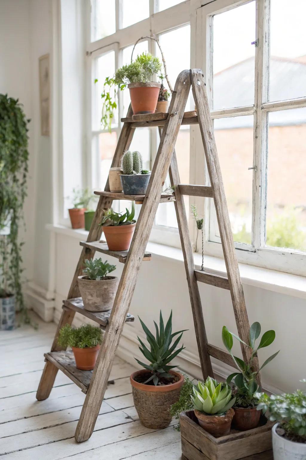 Vertical garden created with a rustic wooden ladder