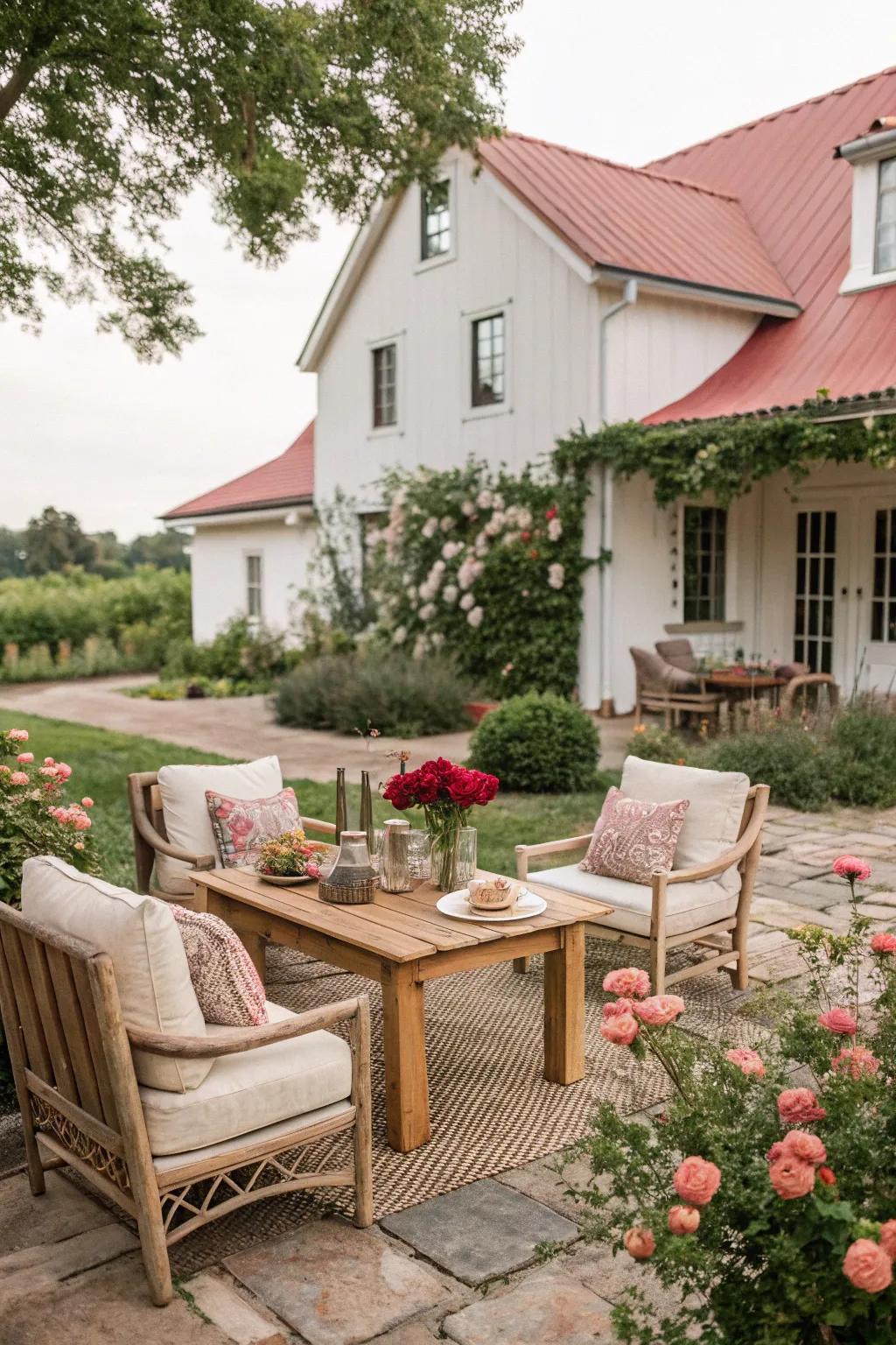 Calming neutral tones contribute to a serene and inviting farmhouse patio.