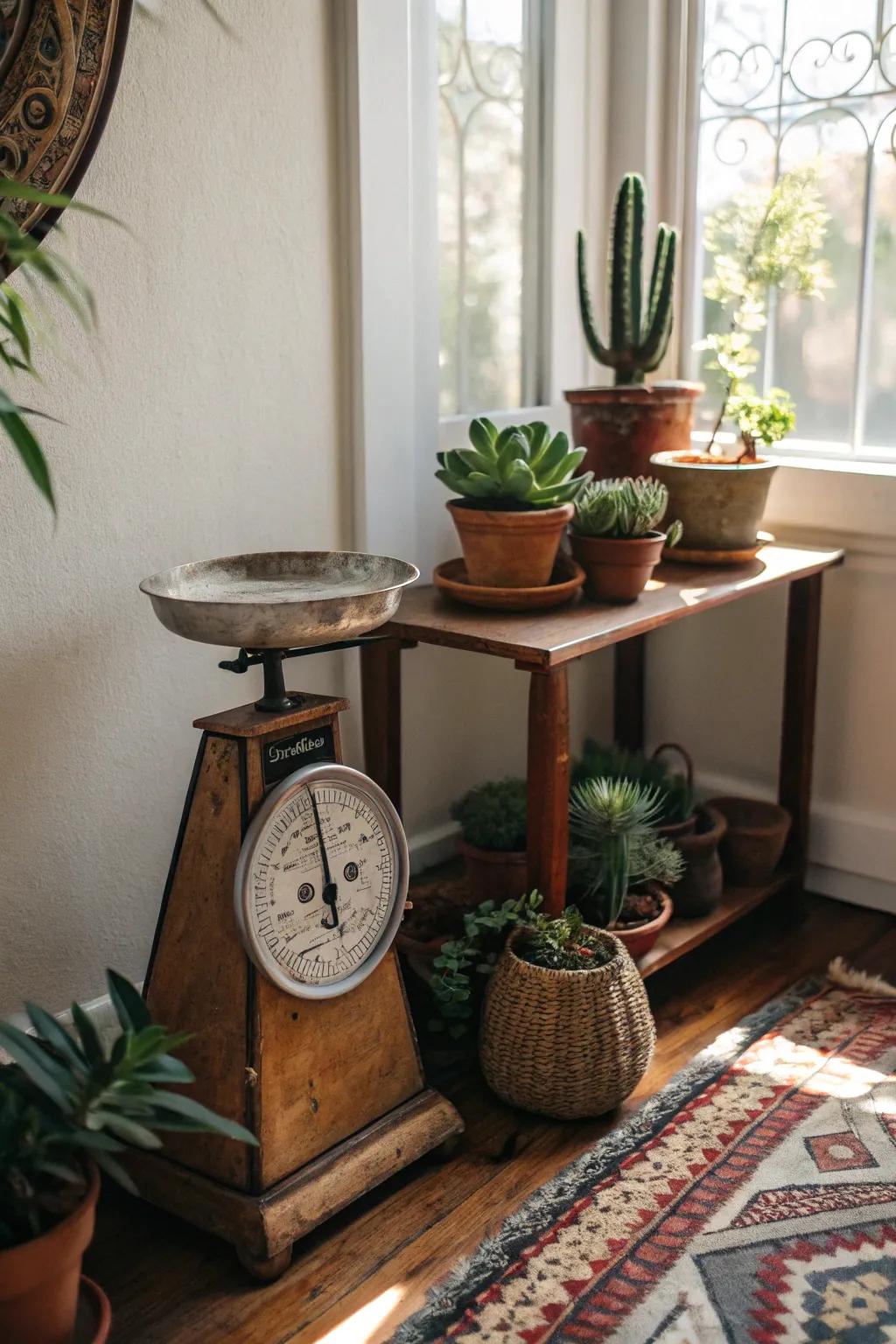 A retro weighing machine decorated with lush greenery for a refreshing ambiance.
