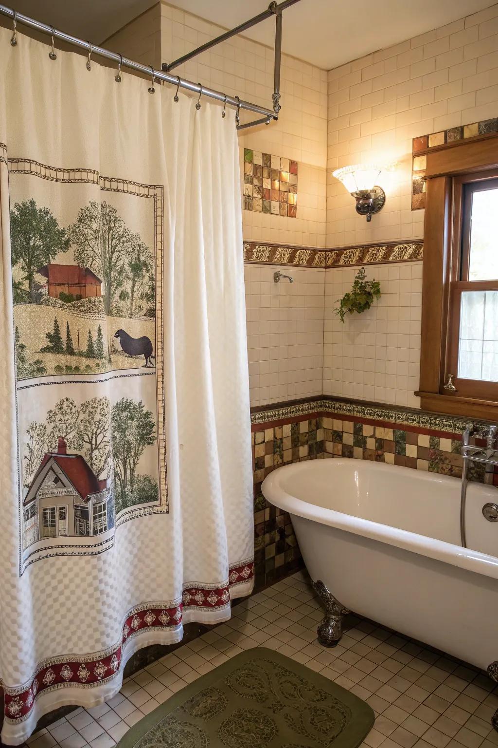 A vintage-inspired bathroom featuring a shower curtain adorned with captivating country vistas.