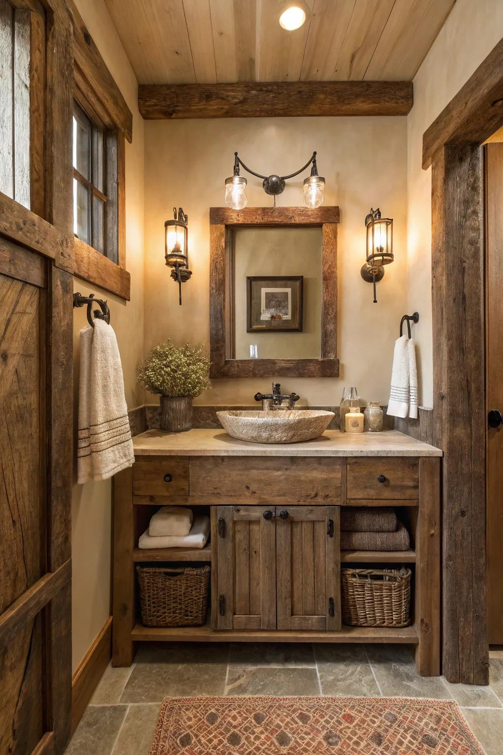 A reclaimed wood console adds rustic beauty to this farmhouse bathroom.