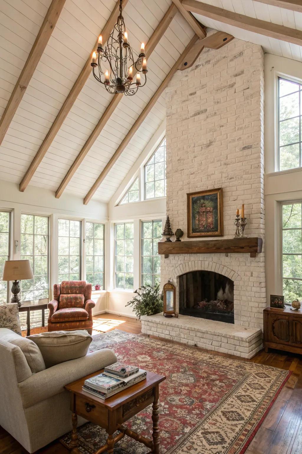 A whitewashed brick fireplace enhancing a radiant and airy living space.