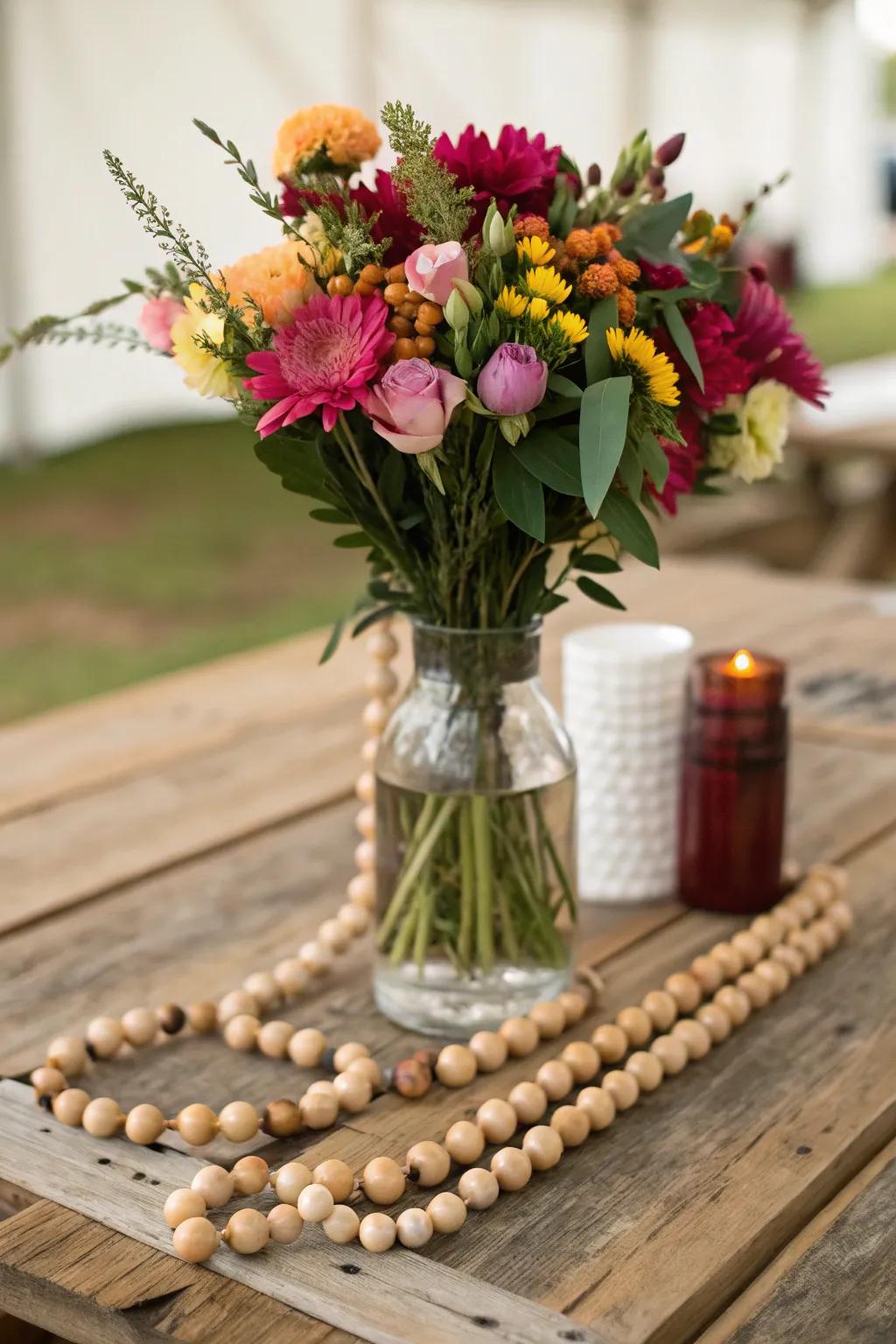 A vase adorned with a beaded strand, radiating countryside charm.