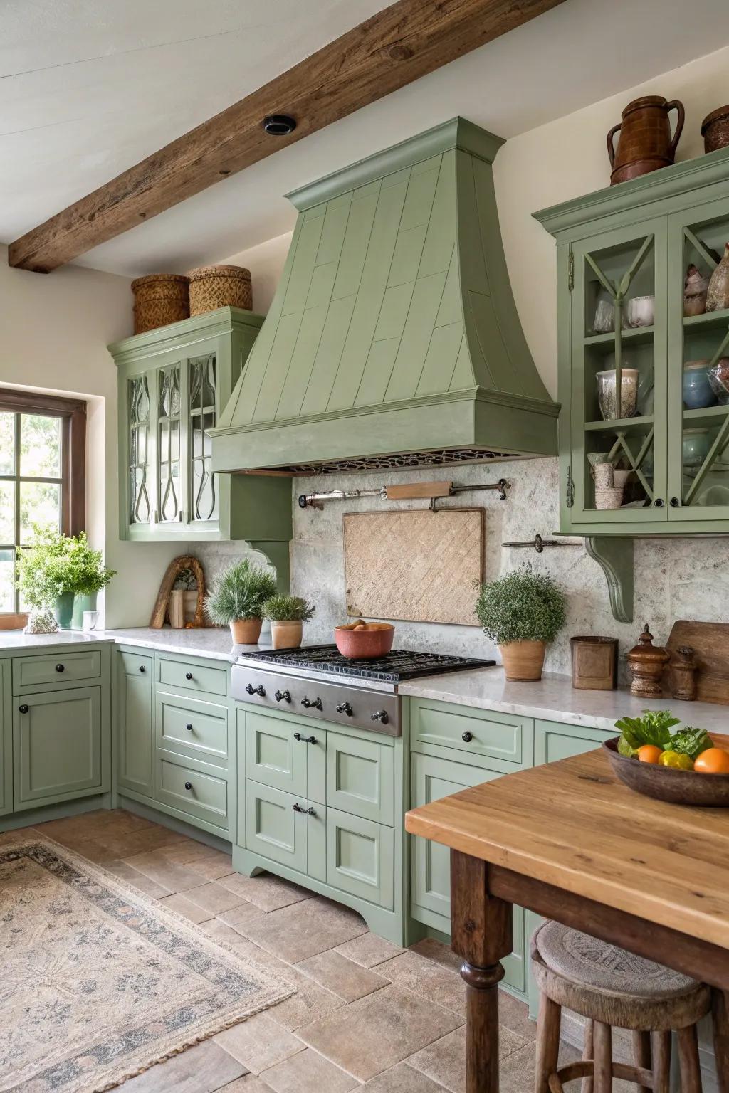 A ventilator painted soft green smoothly blends into the farmhouse-style cooking area.