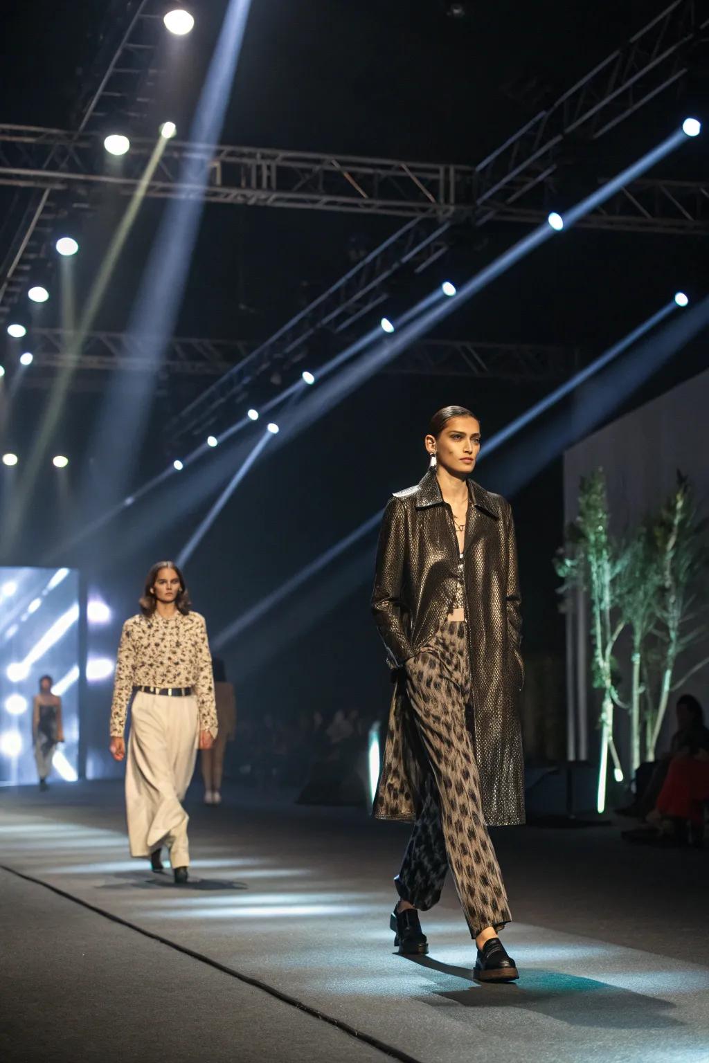 Dynamic lighting effects illuminate a fashion show runway, creating a captivating atmosphere.