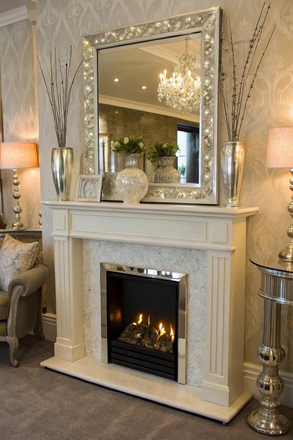 A show fireplace is decorated with mirrors which makes it feel bigger.