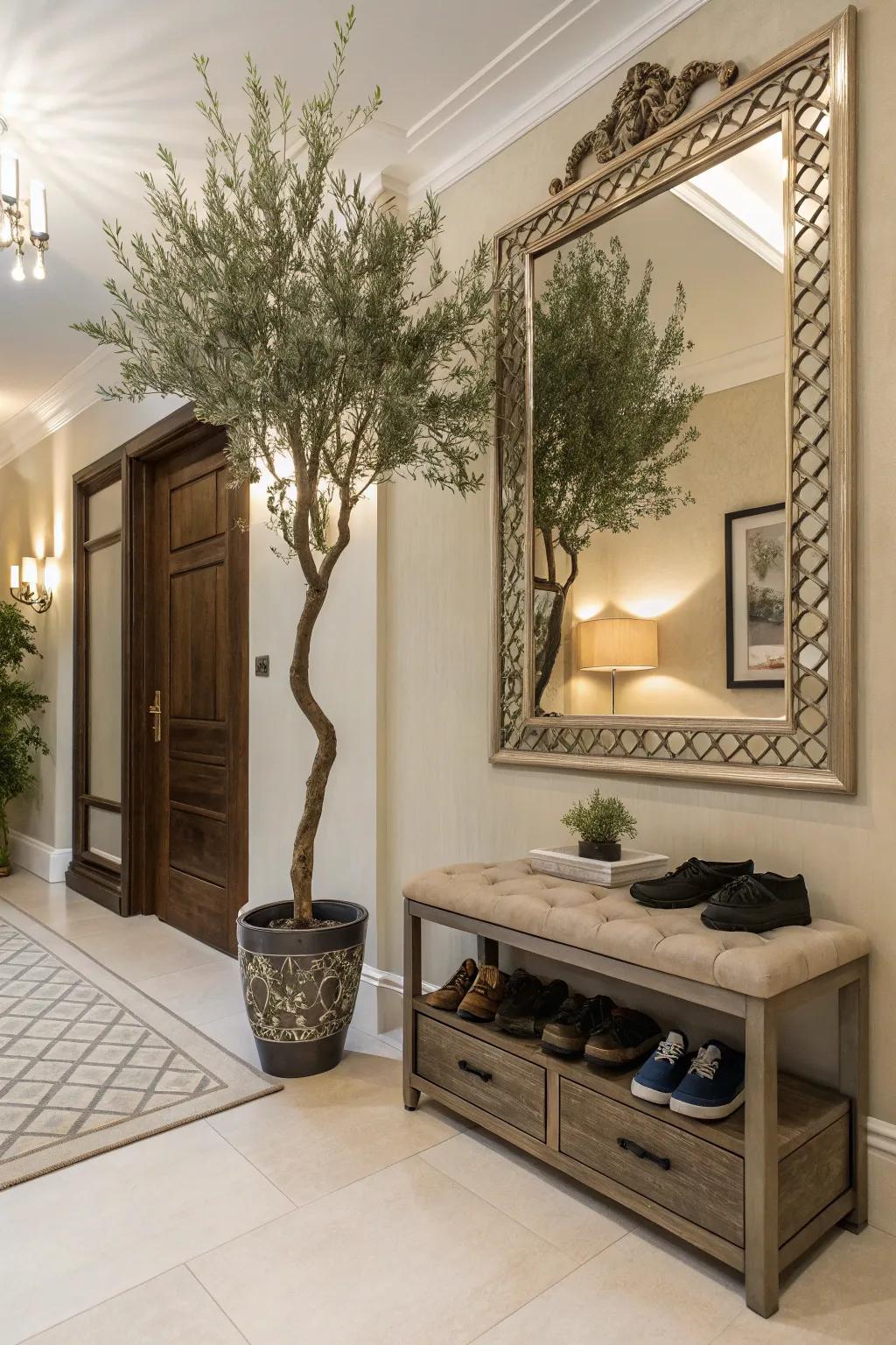 Infuse elegance into your entryway with a faux olive tree.