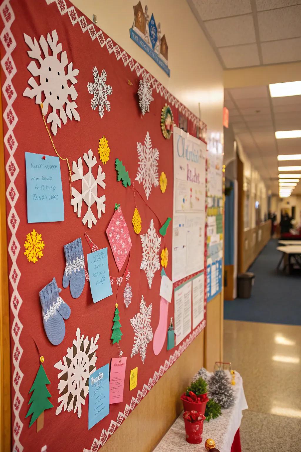 A winter wonderland-themed bulletin board with icy forms and hand protectors.