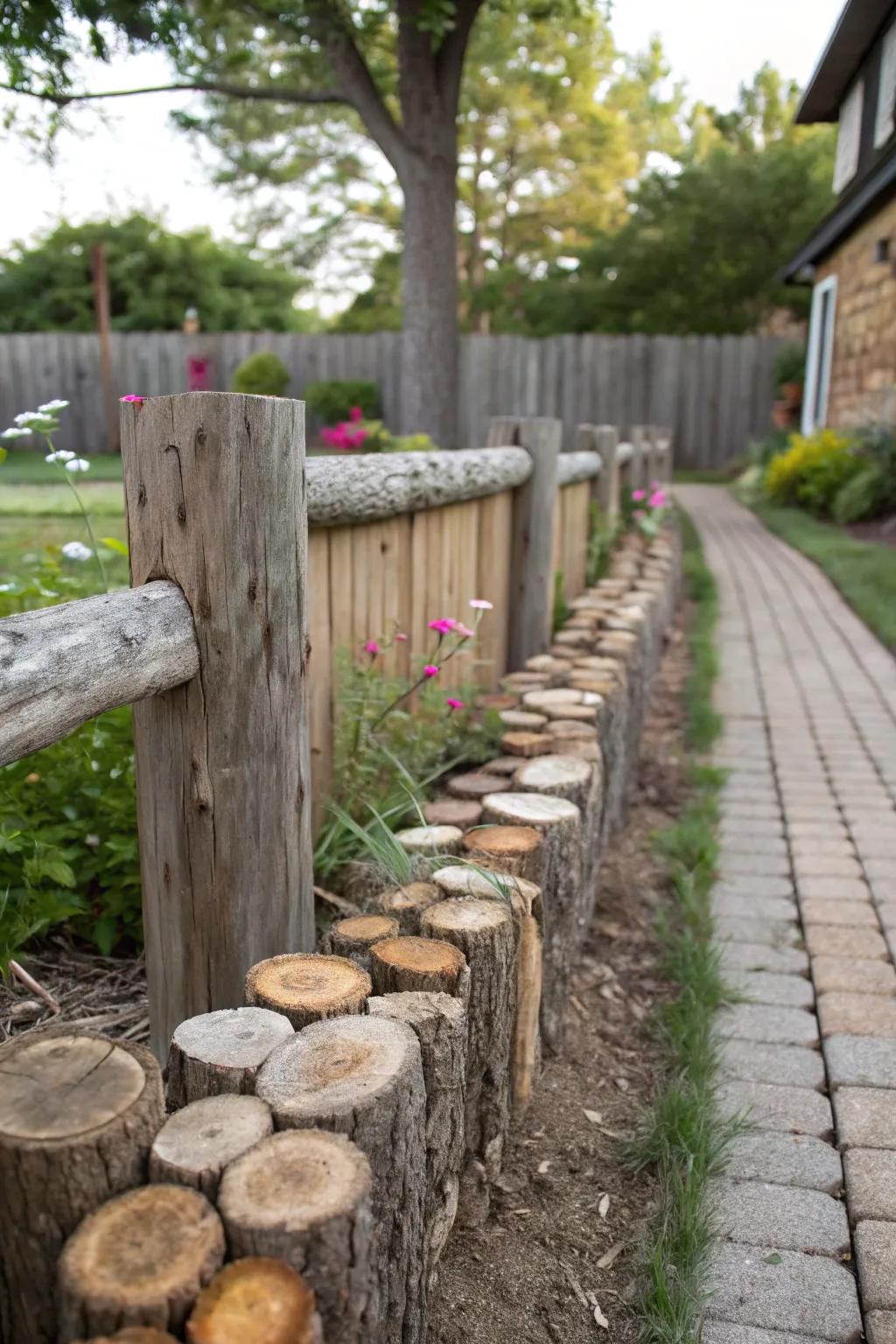 Segments of wooden logs craft a charmingly rustic border.