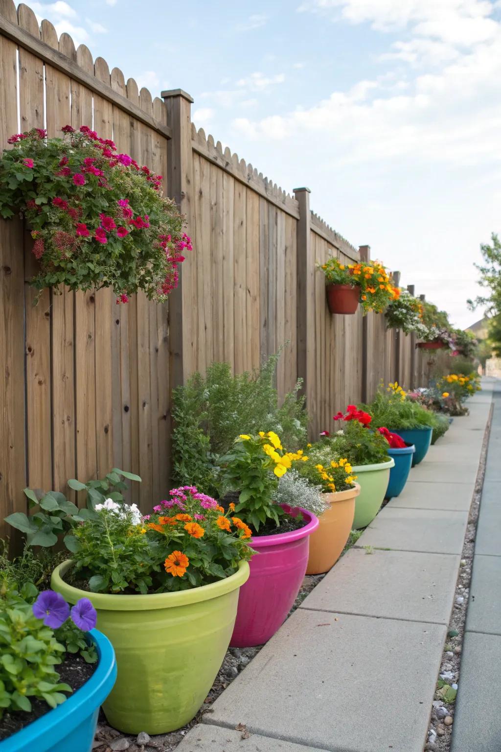 A charming assembly of potted plants makes any fence shine.