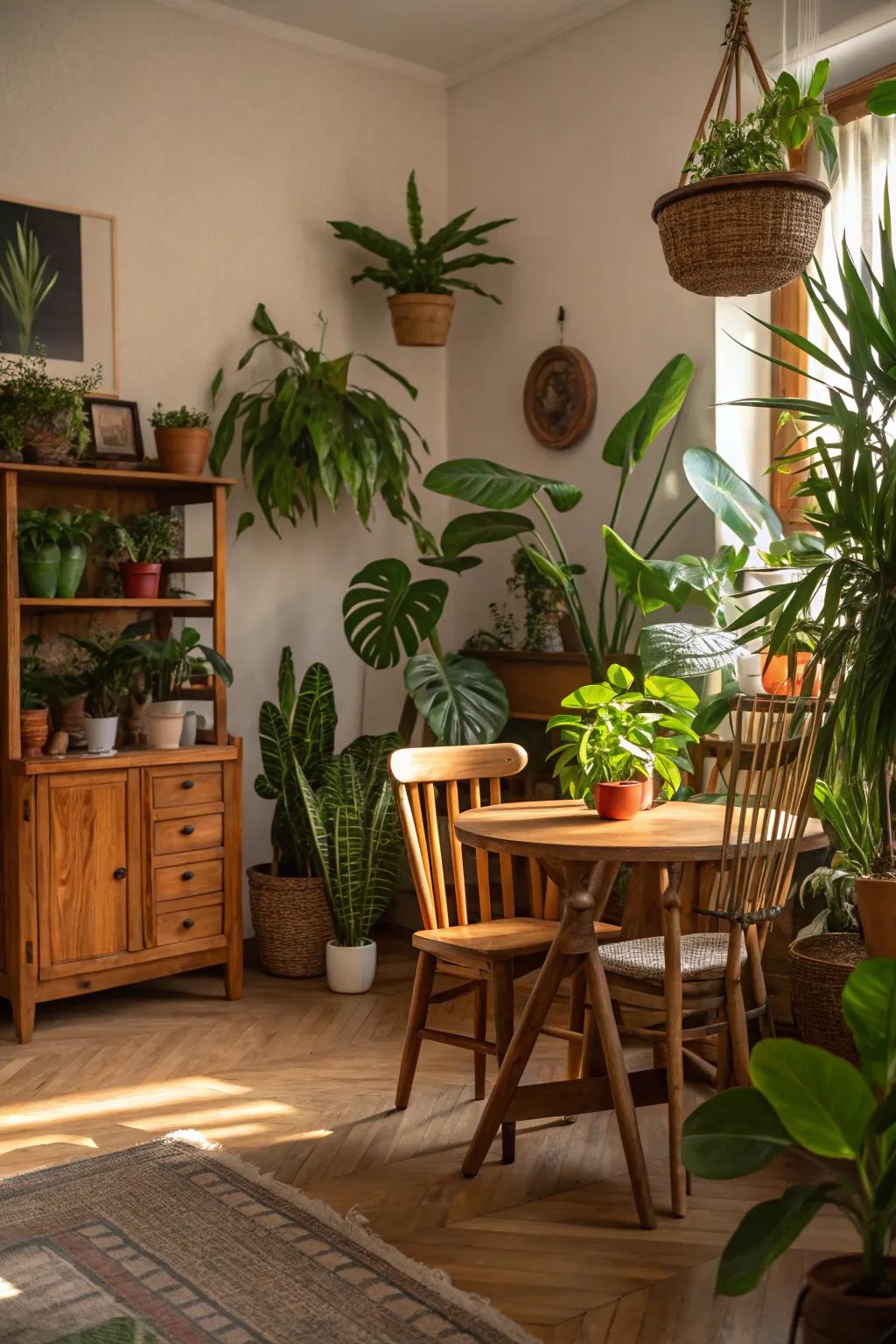 Organic components like plants boost the room's vibrancy.
