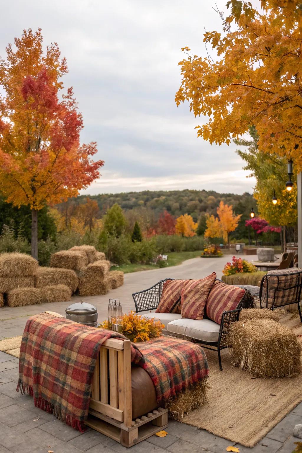 Fodder rolls fashioned into a welcoming chill zone for open-air autumn festivities.