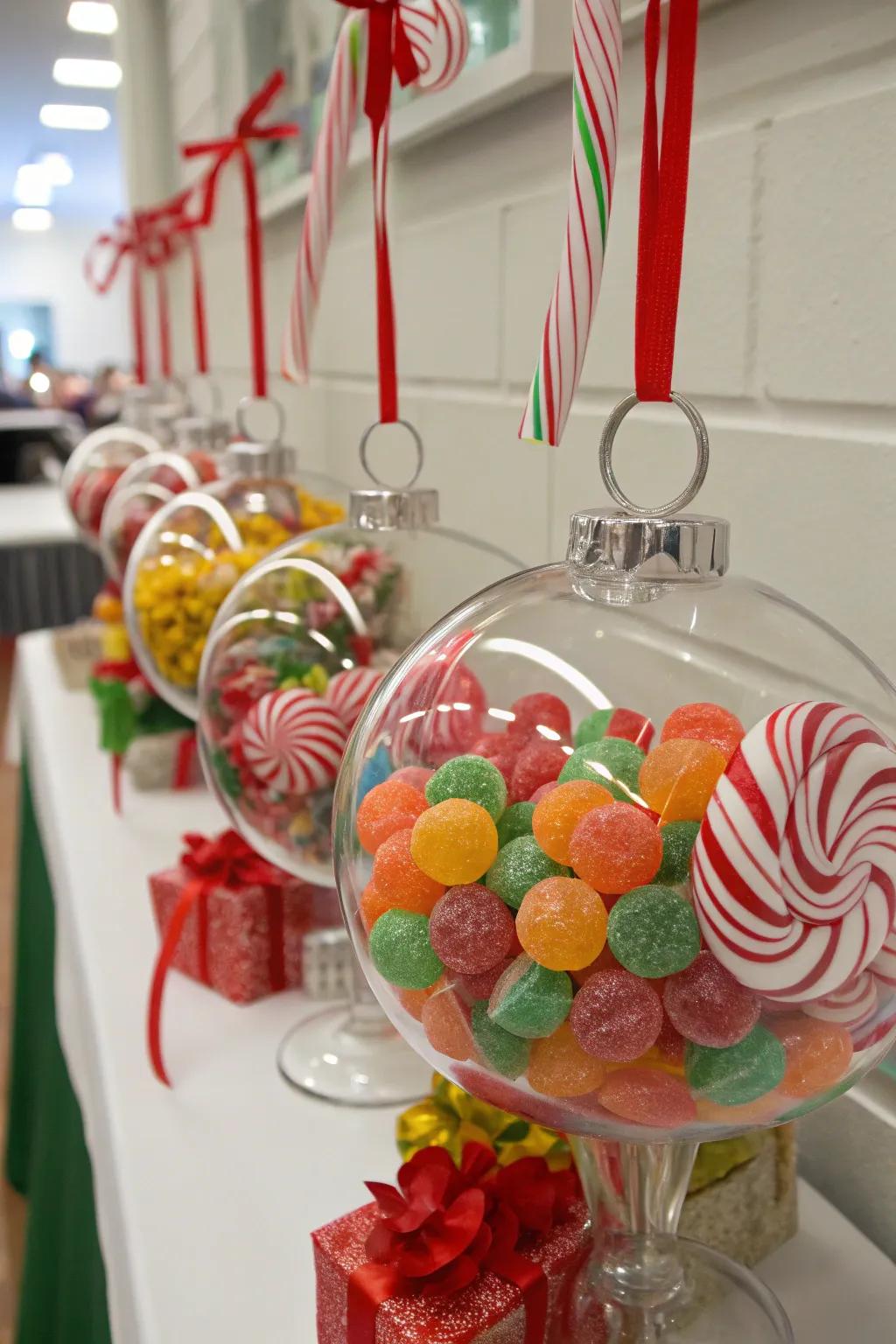 Candy-filled ornaments bringing a sweet and playful vibe to your decorative spread.