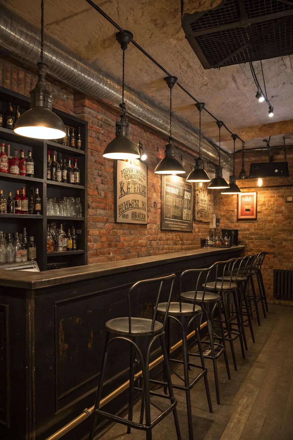 Capture the solid beauty of industrial style in your basement bar.