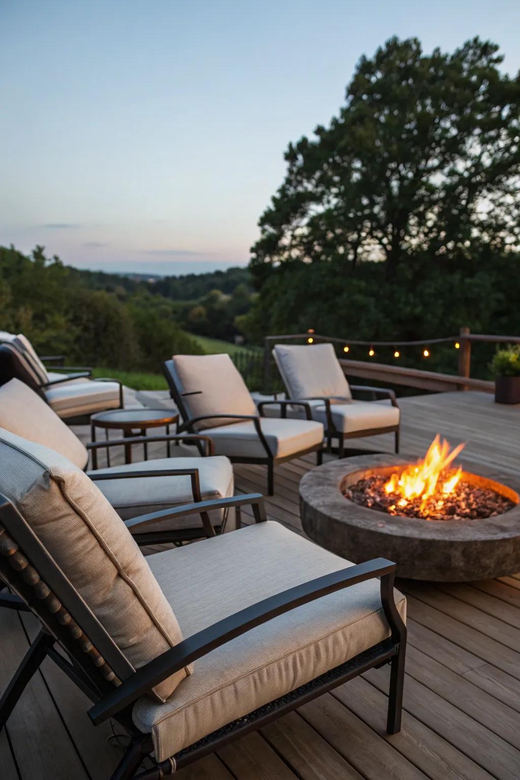 Easygoing lounge seating encourages you to relax and savor the warmth.