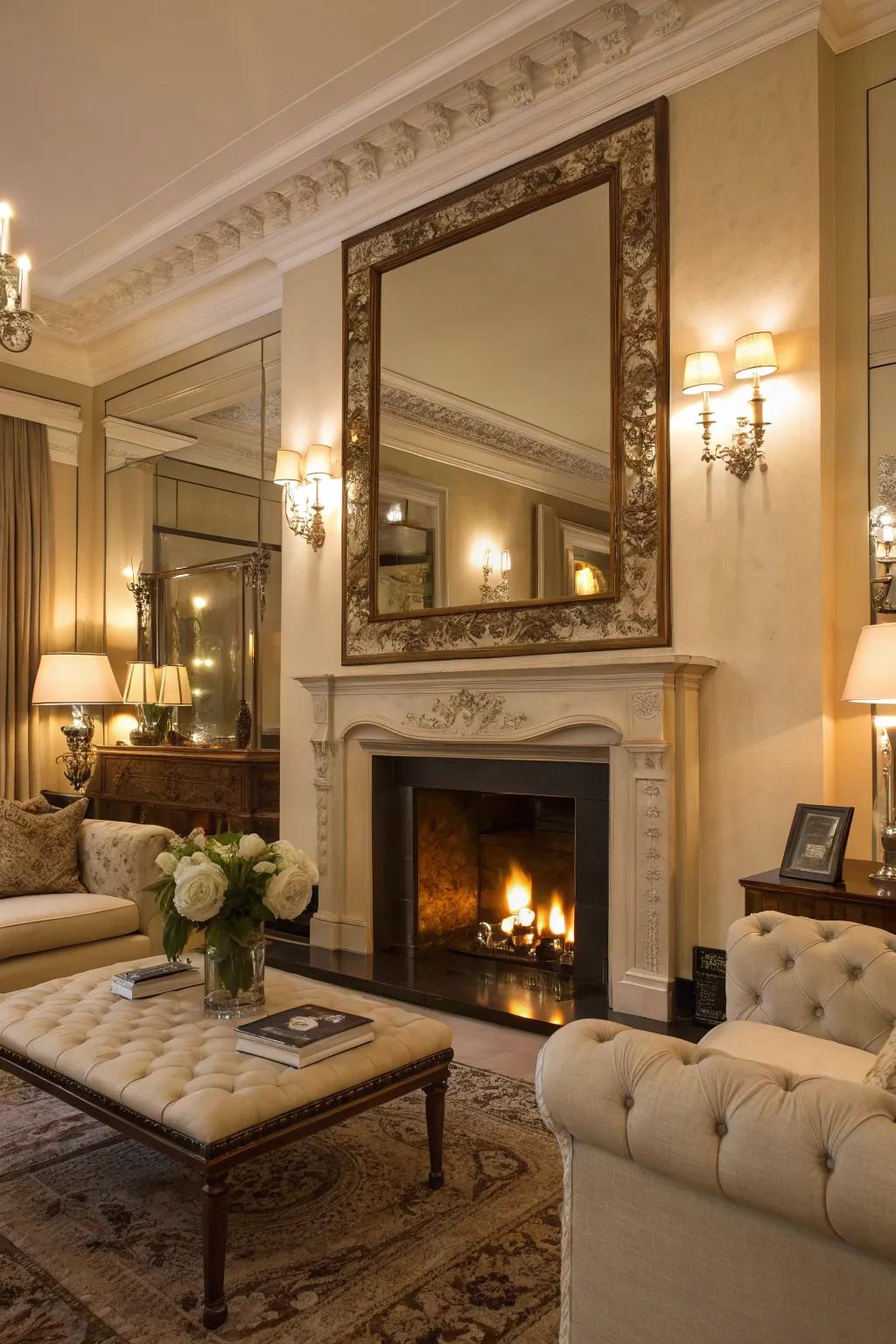A sophisticated living area featuring a large mirror above the fireplace, expanding depth and illumination.