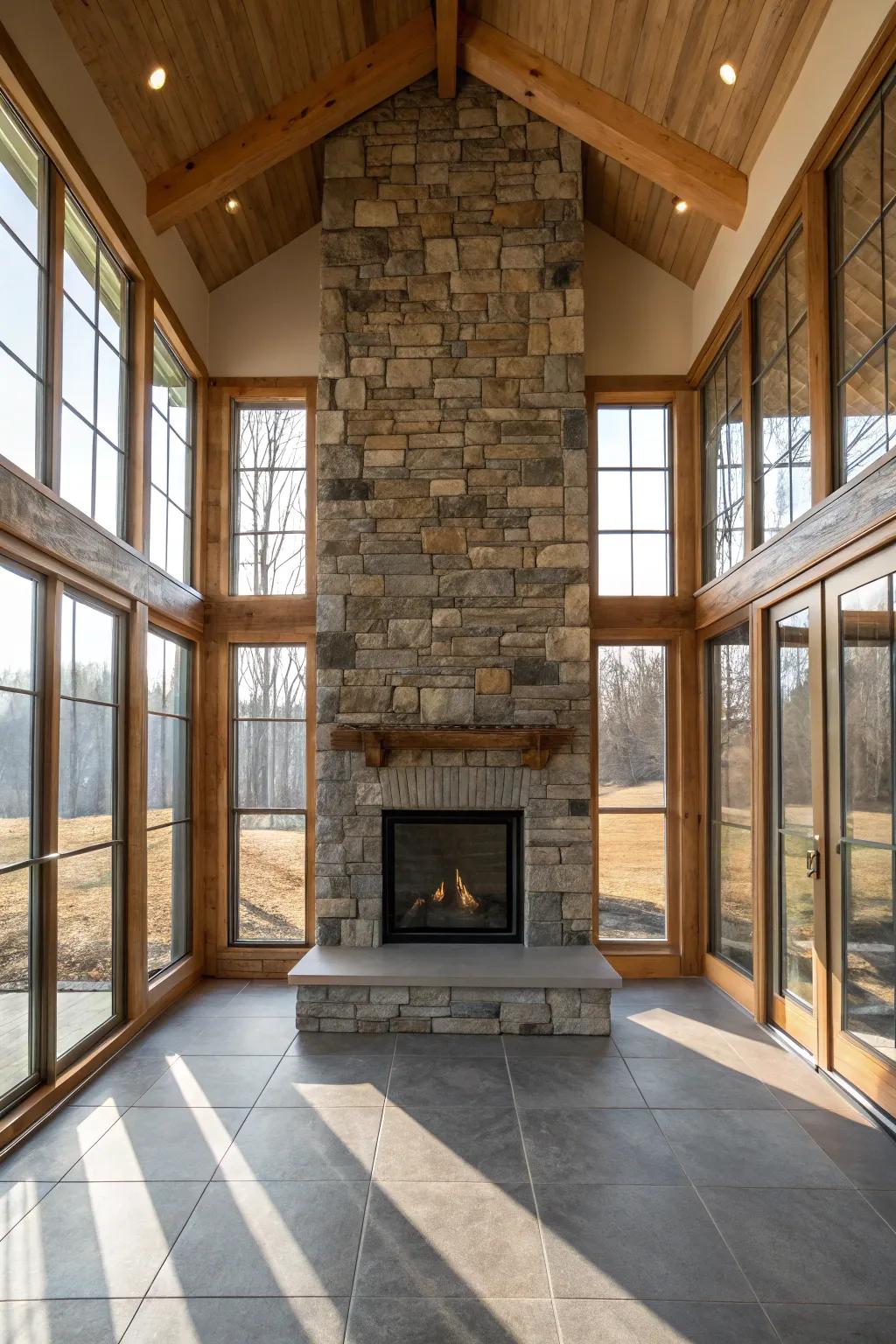 An impeccable mix of country and modern features revolve around a rock-clad fireplace.