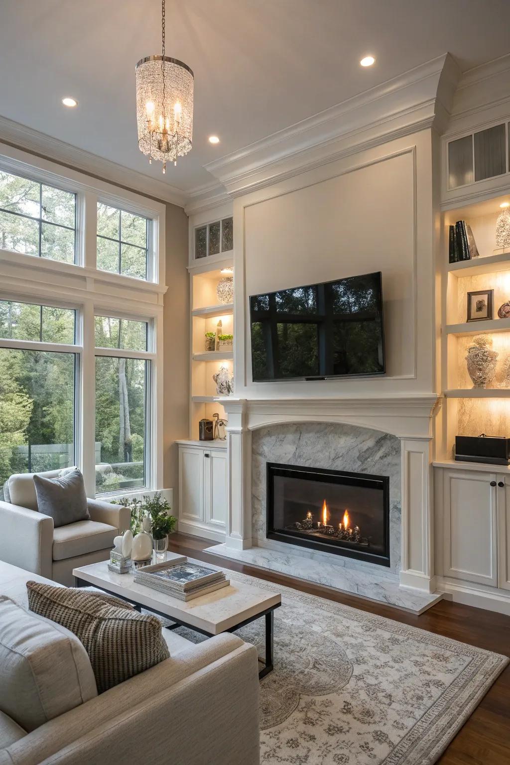 A streamlined integration of entertainment paired with a pleasant fireplace arrangement.