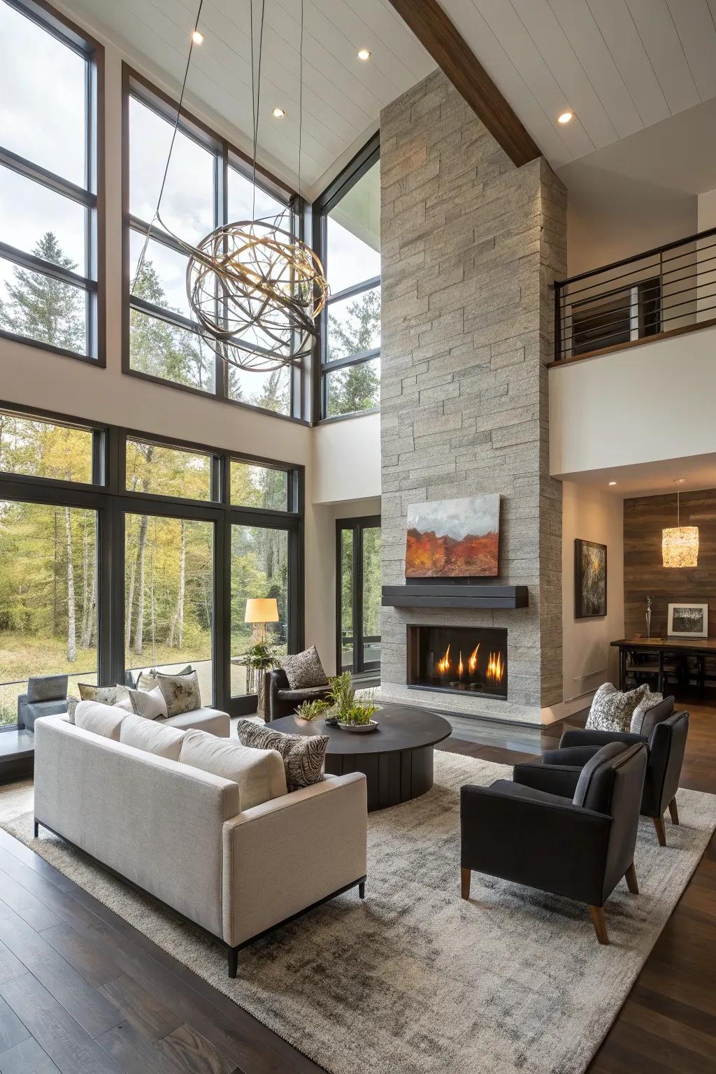 An open-concept area featuring a dual-sided fireplace, connecting the living and dining spaces.