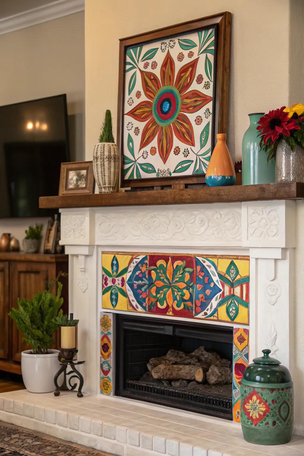 A vibrant artwork enhances the character of the fireplace mantel