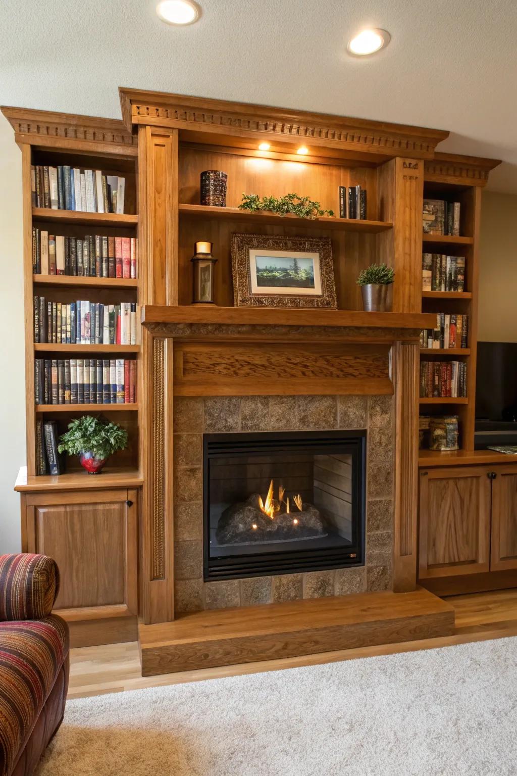 Integrated shelves provide both charm and practicality to this welcoming fireplace space.