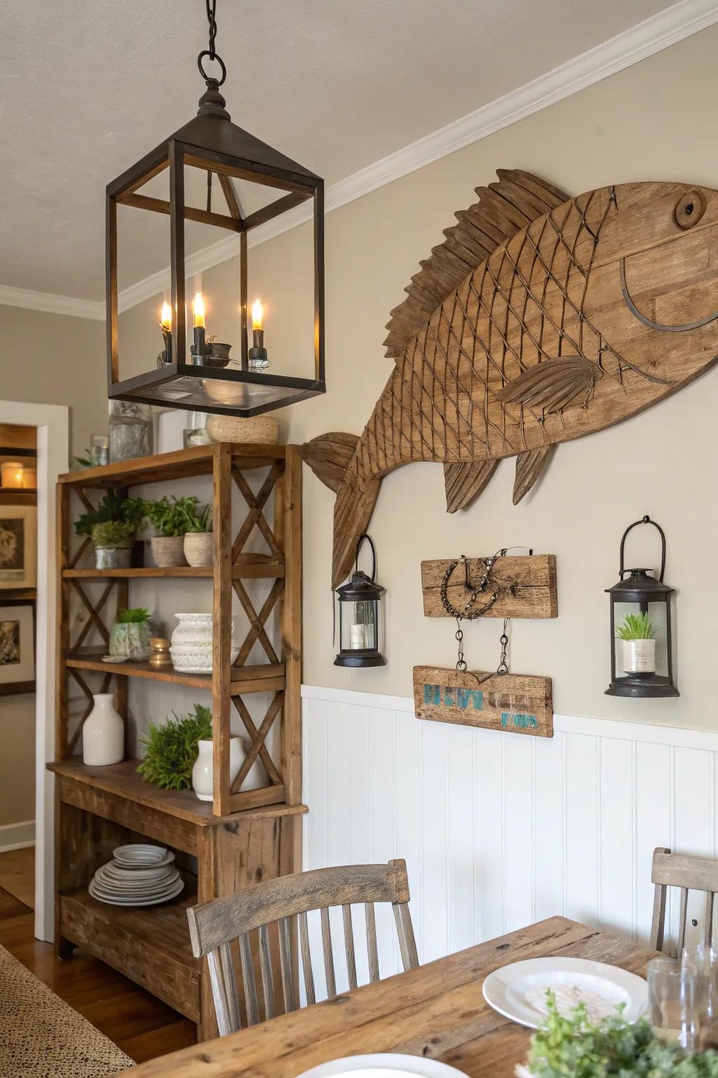 Wooden fish art gives a country-style charm to any space.