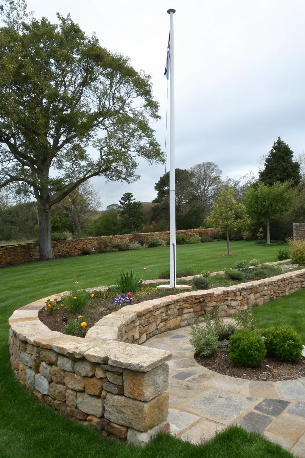 Sophisticated rock outlines frame a flagpole, amplifying its presence.