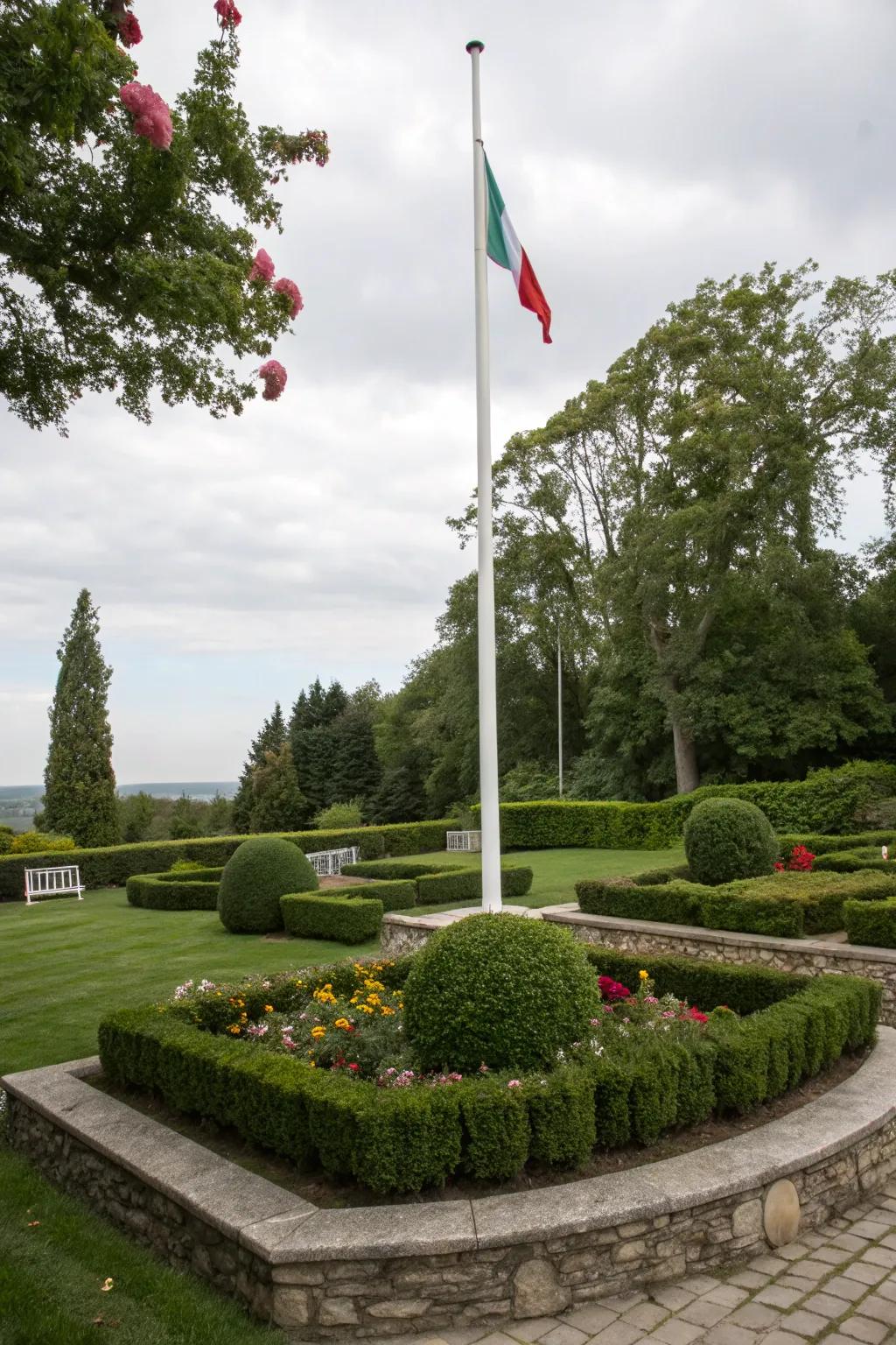 Rock outlines provide a tidy and classic look surrounding flagpoles.