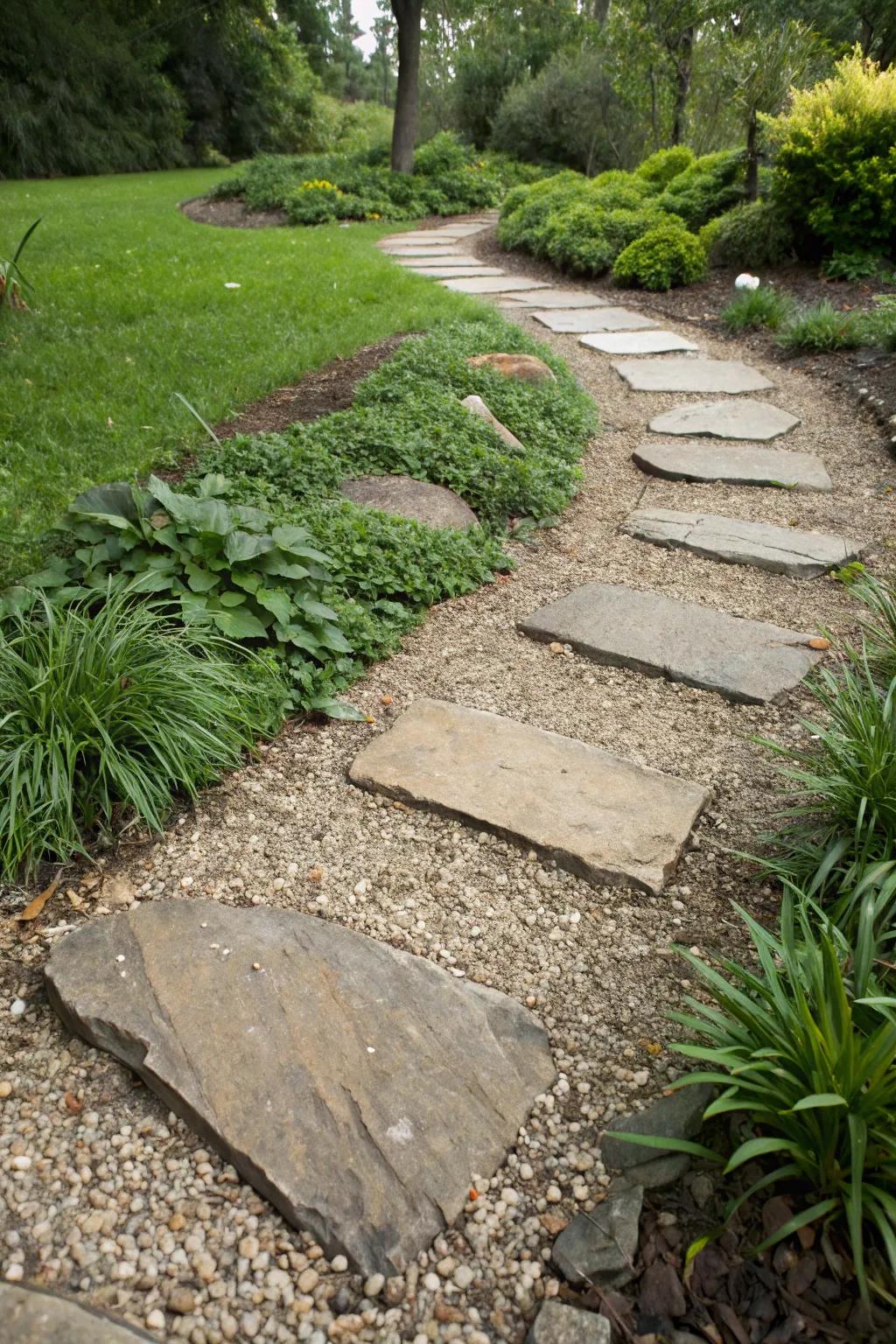 Flagstone walkway tiles composing a playful garden path.