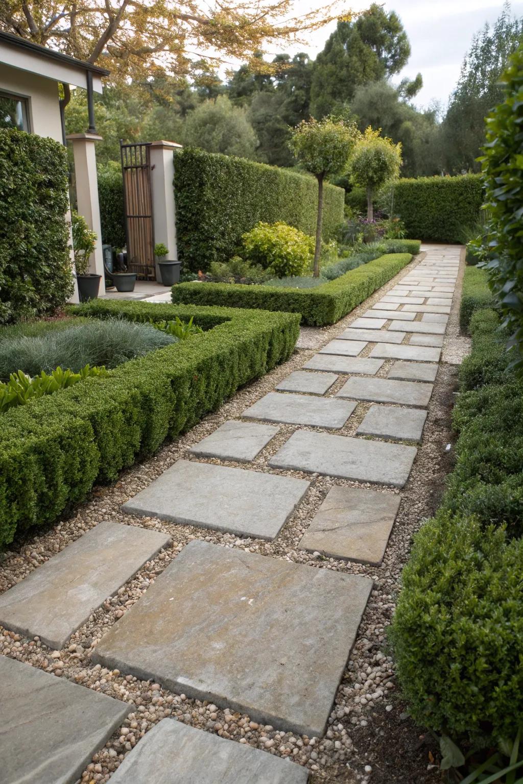 Paving stones paired with crushed stone, resulting in a strikingly textured garden path.