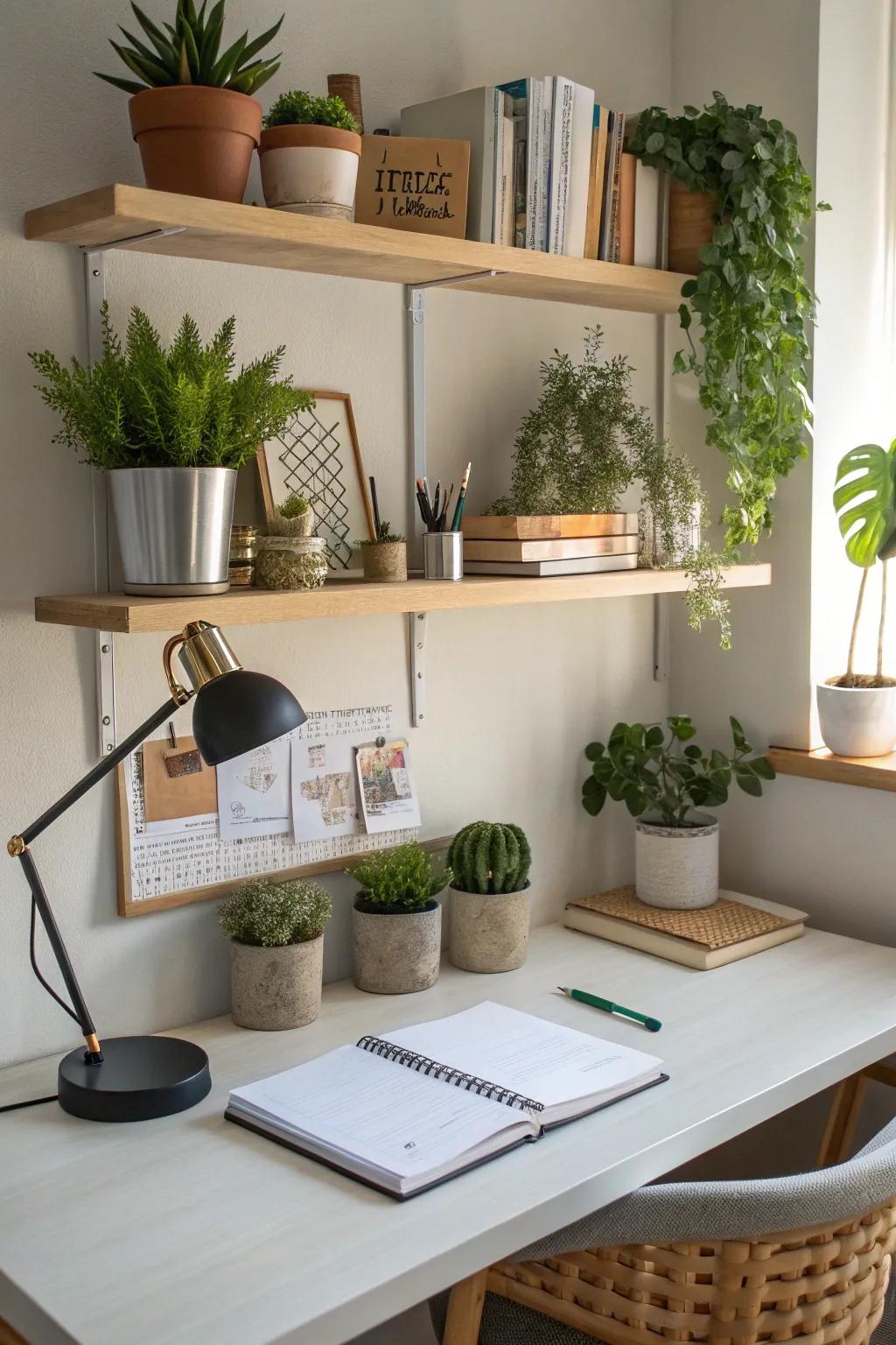 Infuse a natural touch with petite plants arranged on floating shelves above your workstation.