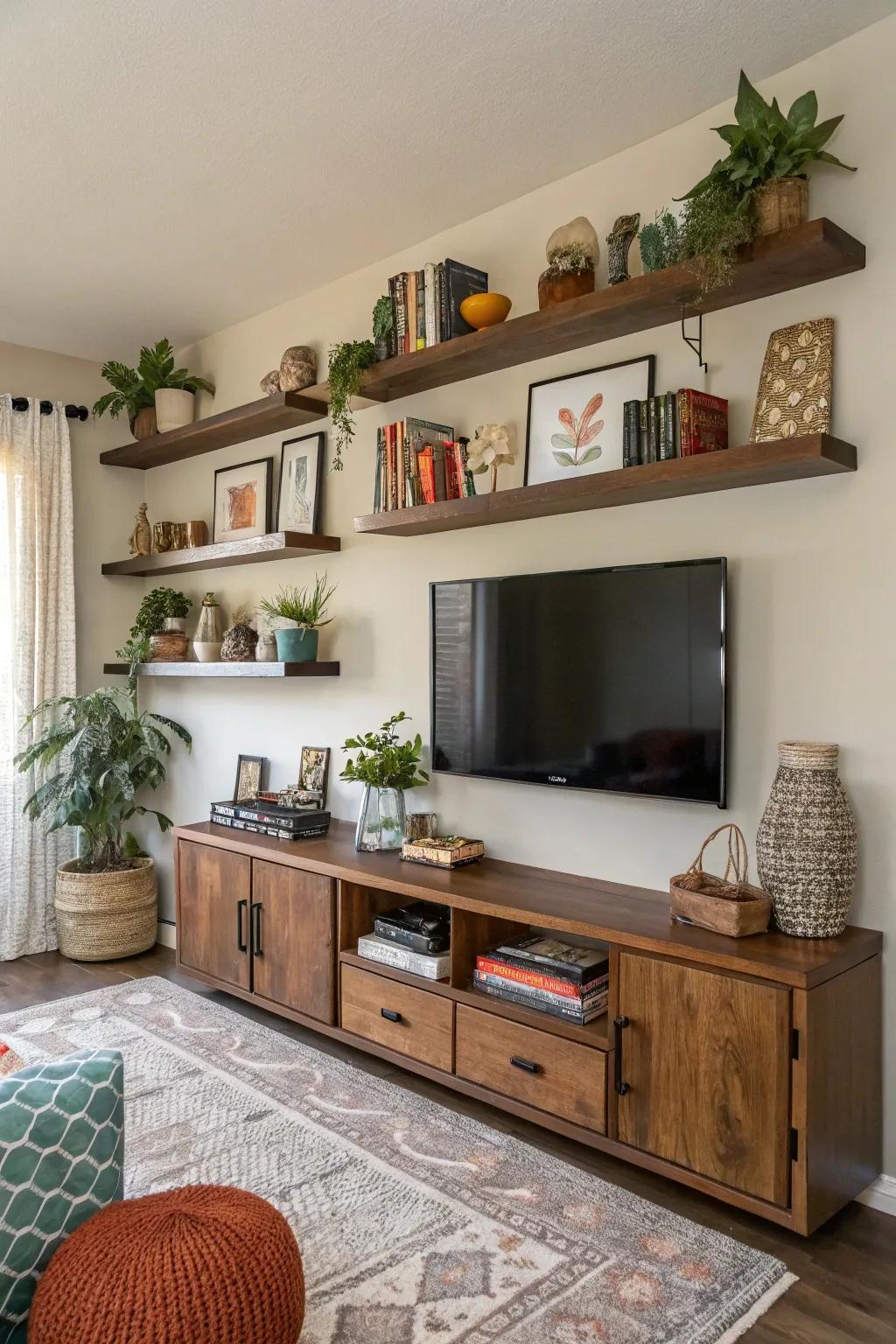 Add visual appeal with shelves at different heights.