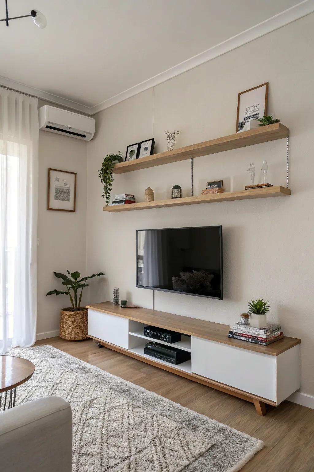 Welcome simplicity with minimalist floating racks surrounding your TV.