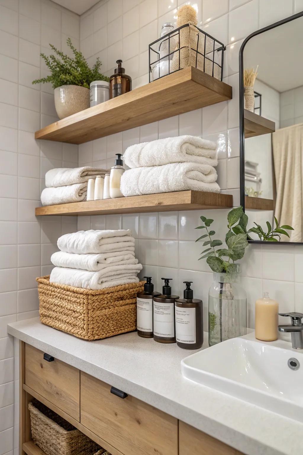 Floating shelves in the bathroom create a spa-like atmosphere.