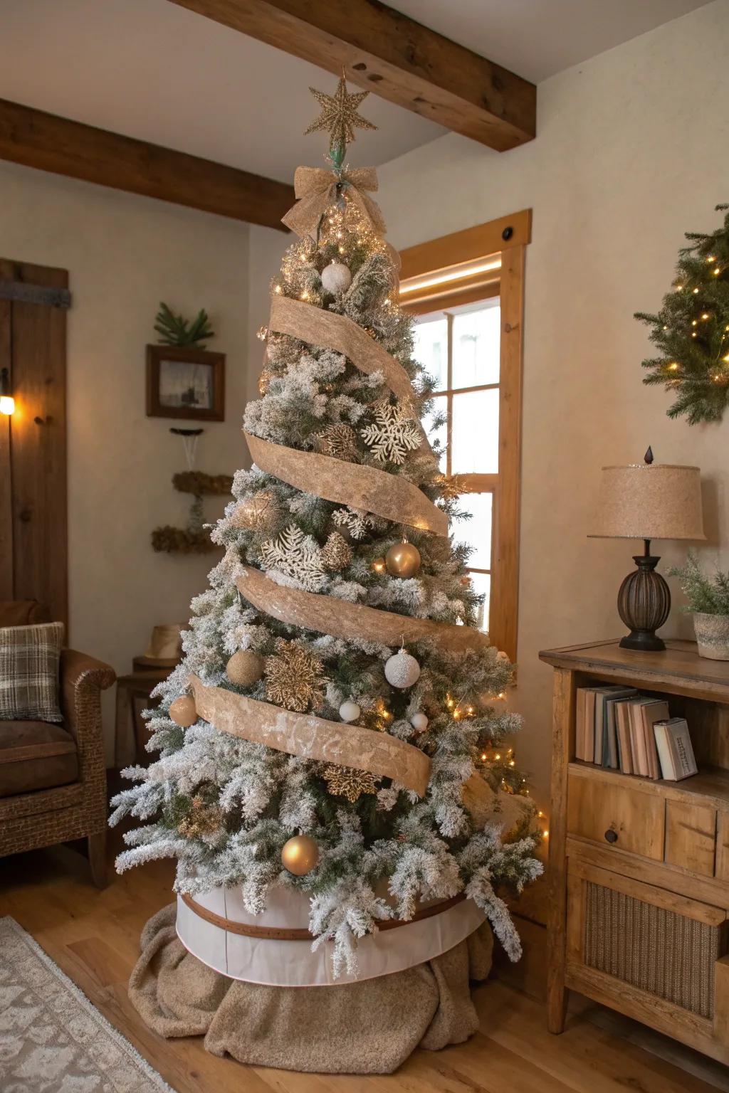 A rustic-themed flocked Christmas tree accentuated with burlap and wood.
